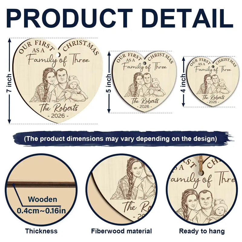 Custom Photo Pencil Sketch First Christmas As A Family Of Four - Personalized Custom Shaped Wooden Ornament