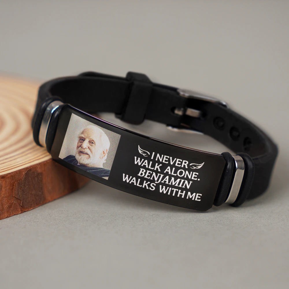Custom Photo, Memorial, Family, Gift For Father, Gift For Mother, Sad - Custom Photo You Never Walk Alone Memorial - Personalised Engraved Bracelet
