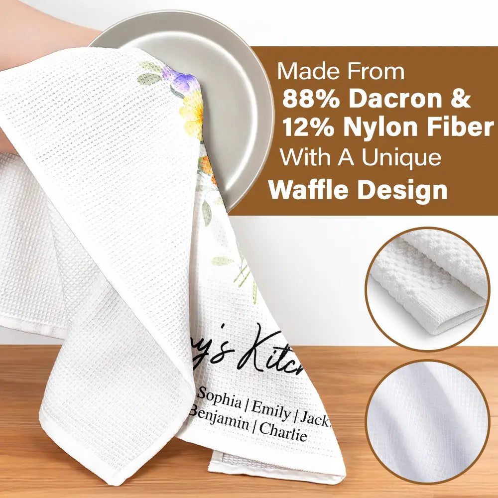 Gift For Wife, Gift For Mother, Gift For Grandma, Happy - Mom Mum Grandma Kitchen Watercolor Birth Flower - Personalized Kitchen Towel