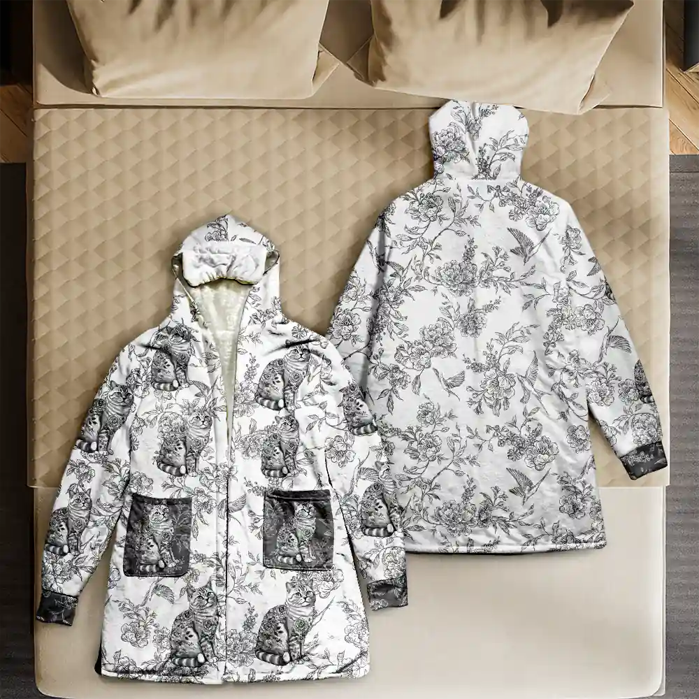 Cat Mom,Cat Lovers,Happy - Cat Mom Toile De Jouy Cats - Personalized Hooded Robe