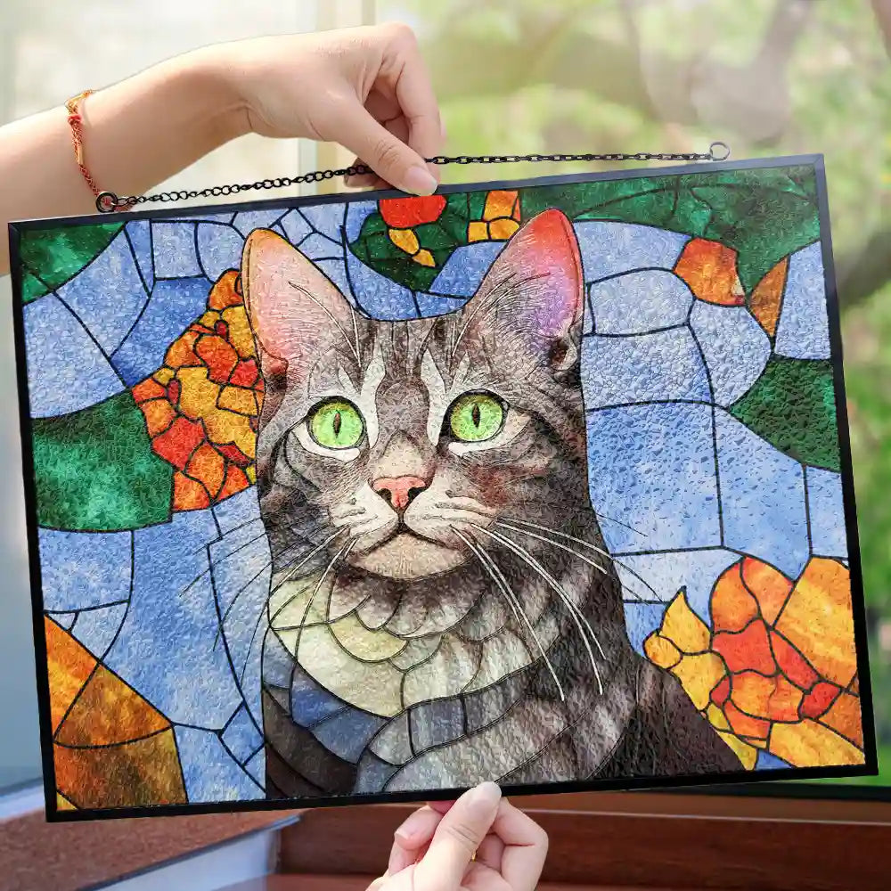 Gift For Wife,Gift For Mother,Gift For Grandma,Love,Family,Gift For Bestie,Gift For Couples,Dog Lovers,Cat Lovers - Custom Photo Stained Glass Mom Grandma Parents Family Bestie Couple - Personalized Horizontal Stained Glass Suncatcher
