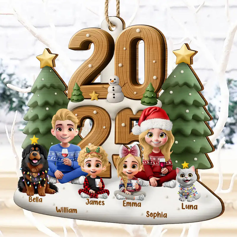 Family,Gift For Grandparents,Parents,Gift For Kids,Happy,Christmas,Non-Eng - 3D Effect Christmas Sitting Family - Personalized Custom Shaped Wooden Ornament