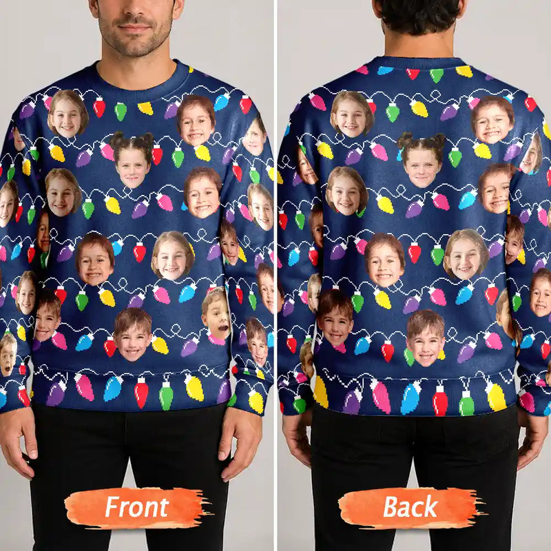 Family - Custom Photo Funny Kid Face Christmas Light - Personalized Unisex Ugly Sweater