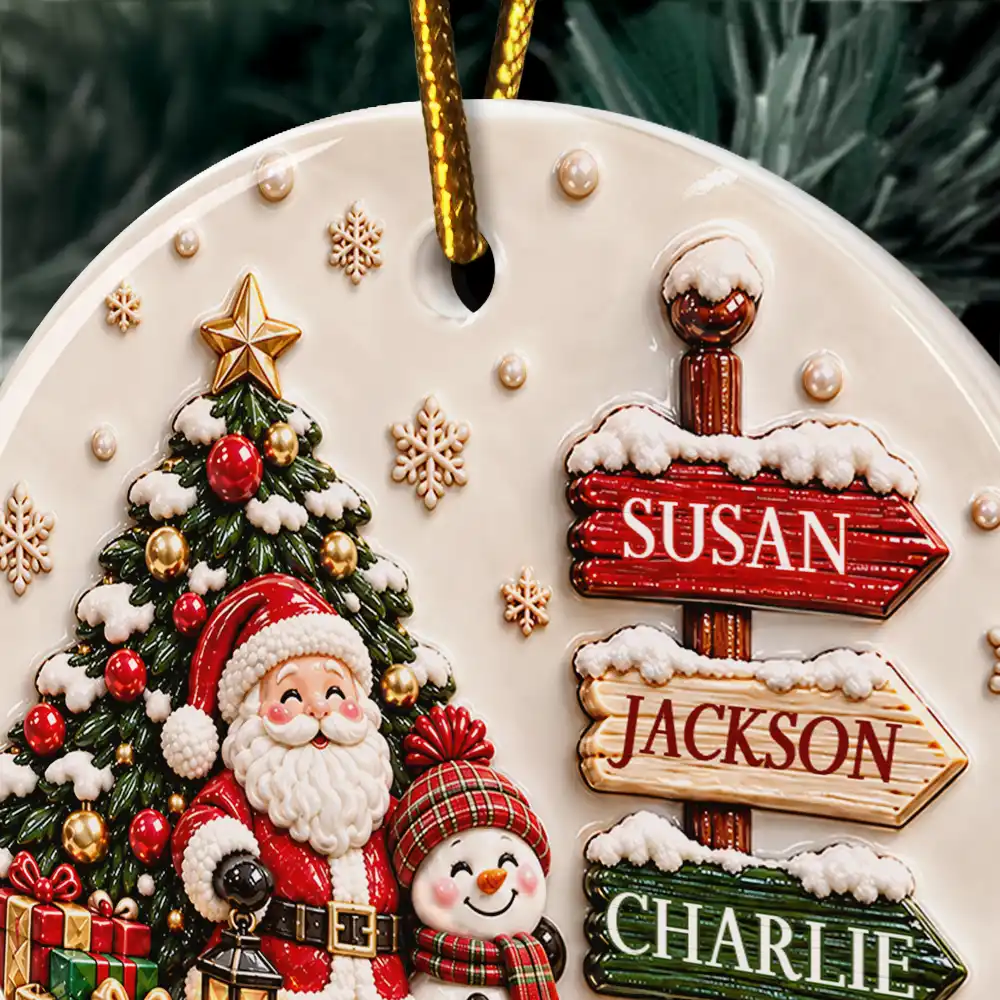 Christmas,Family,Happy,Icon - Christmas Gift For Family - Personalized Family Name Santa And Snowman 3D Embossed Circle Ceramic Ornament