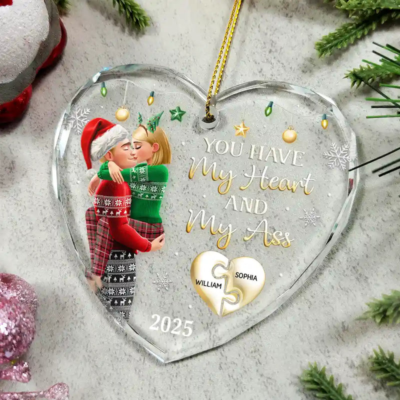 Gift For Couples,Gift For Husband,Gift For Wife,Gift For Boyfriend,Gift For Girlfriend,Christmas,Funny - You Have My Heart Couple - Personalized Heart Shaped Glass Ornament