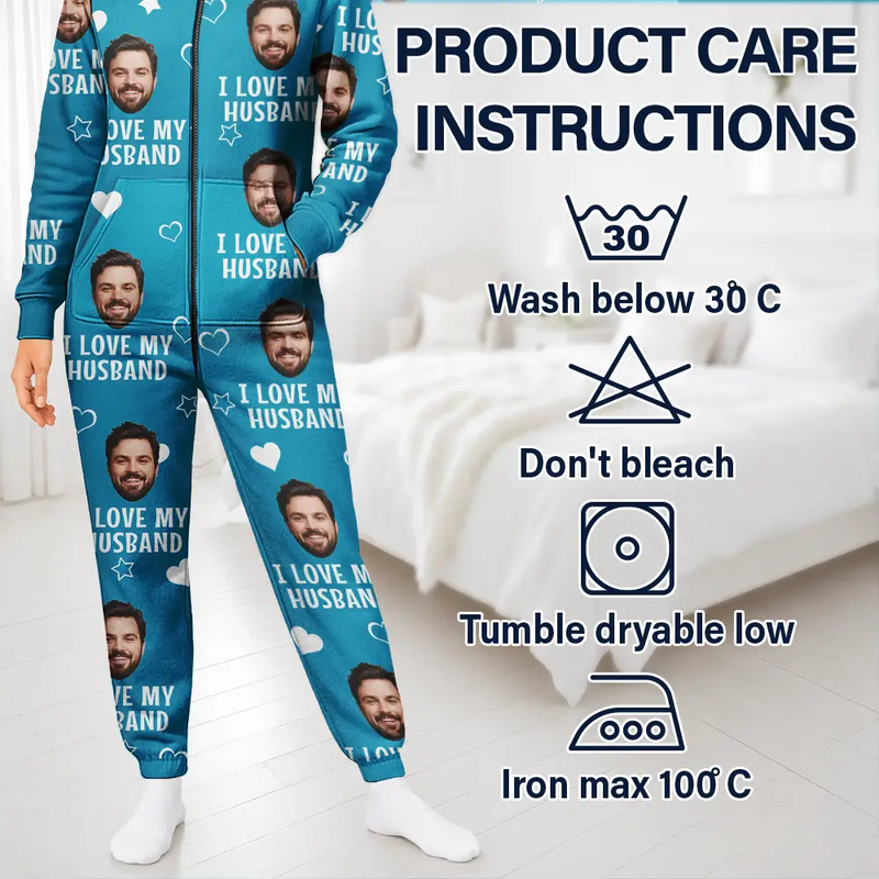 Gift For Husband,Gift For Wife,Gift For Couples,Custom Photo,Funny - Custom Photo Funny I Love My Wife Husband - Personalized Overall Onesie Hooded Jumpsuit