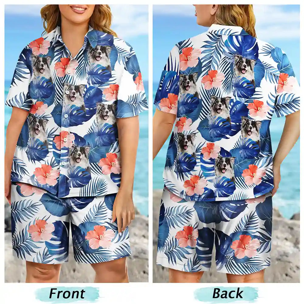 Gift For Husband,Gift For Boyfriend,Gift For Yourself,Parents,Gift For Men,Gift For Father,Gift For Grandpa,Pet Lovers,Pet Dad,Dog Lovers,Dog Dad,Cat Lovers,Cat Dad,Non-Eng,Photo,Playful - Custom Photo Tropical Leaves Pattern With Family Pet Face - Personalized Hawaii Set Shirt And Shorts