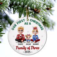 Love,Family,New baby,New Mom,New Dad,Gift For Husband,Gift For Wife,Gift For Couples,Married ,Pregnant Mom - First Christmas As A Family Of Three New Parents 3D - Personalized Circle Ceramic Ornament