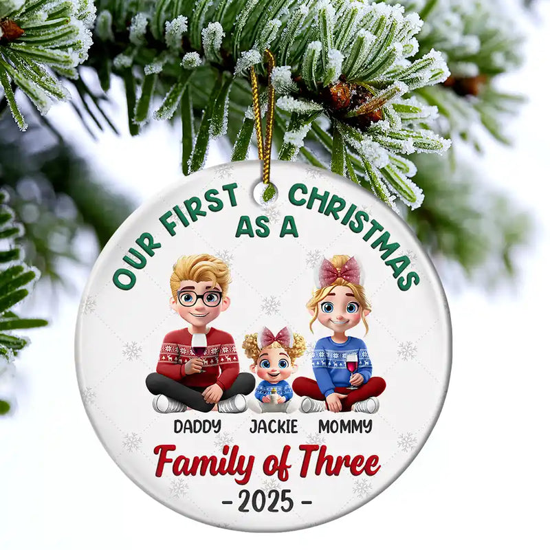 Love,Family,New baby,New Mom,New Dad,Gift For Husband,Gift For Wife,Gift For Couples,Married ,Pregnant Mom - First Christmas As A Family Of Three New Parents 3D - Personalized Circle Ceramic Ornament