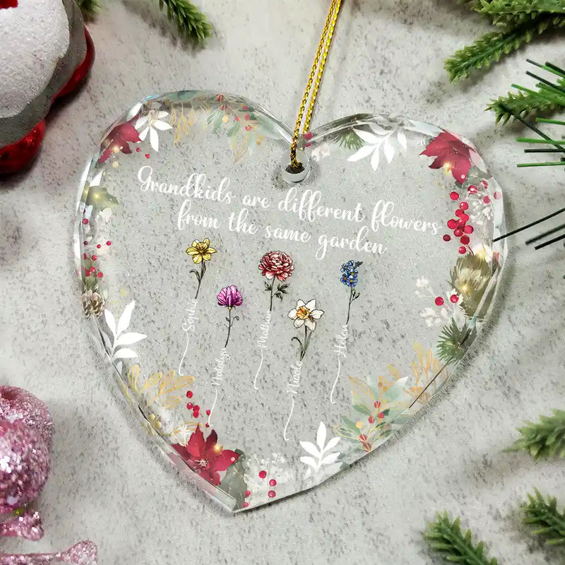 Gift For Sisters,Grandma - Grandkids,Gift For Grandma,Family,Christmas - Family Are Different Flowers From The Same Garden - Personalized Heart Shaped Glass Ornament