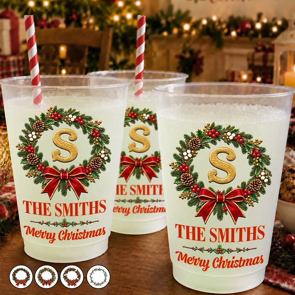 Christmas Gift For Family Gathering - Personalized Family Name & Monogram In Holly Wreath Frosted Cups