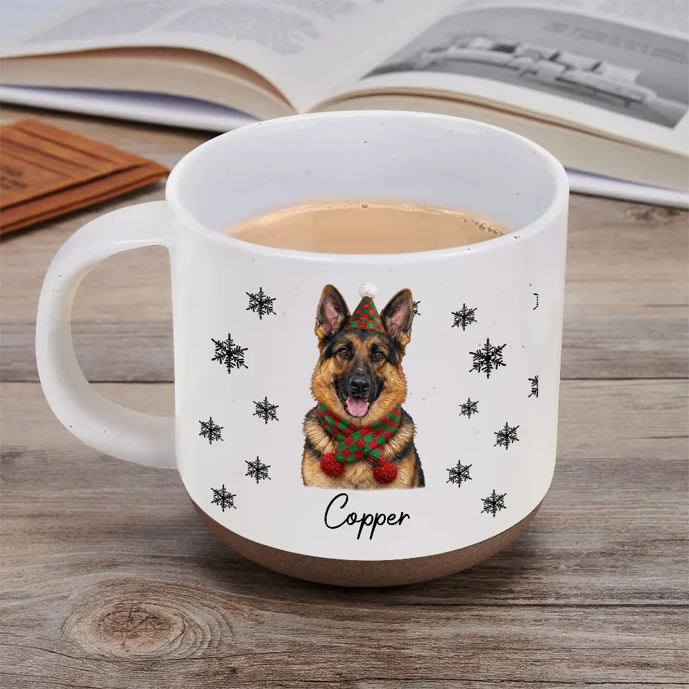 Art Design, Christmas, Custom Photo, Dog Lovers, Pet Lovers, Photo - Oil Painting, Playful - Christmas Gift For Dog Lovers - Personalized Custom Photo & Name Pet Dog Portrait With Holly Snowflake Poinsettia Pottery Mug