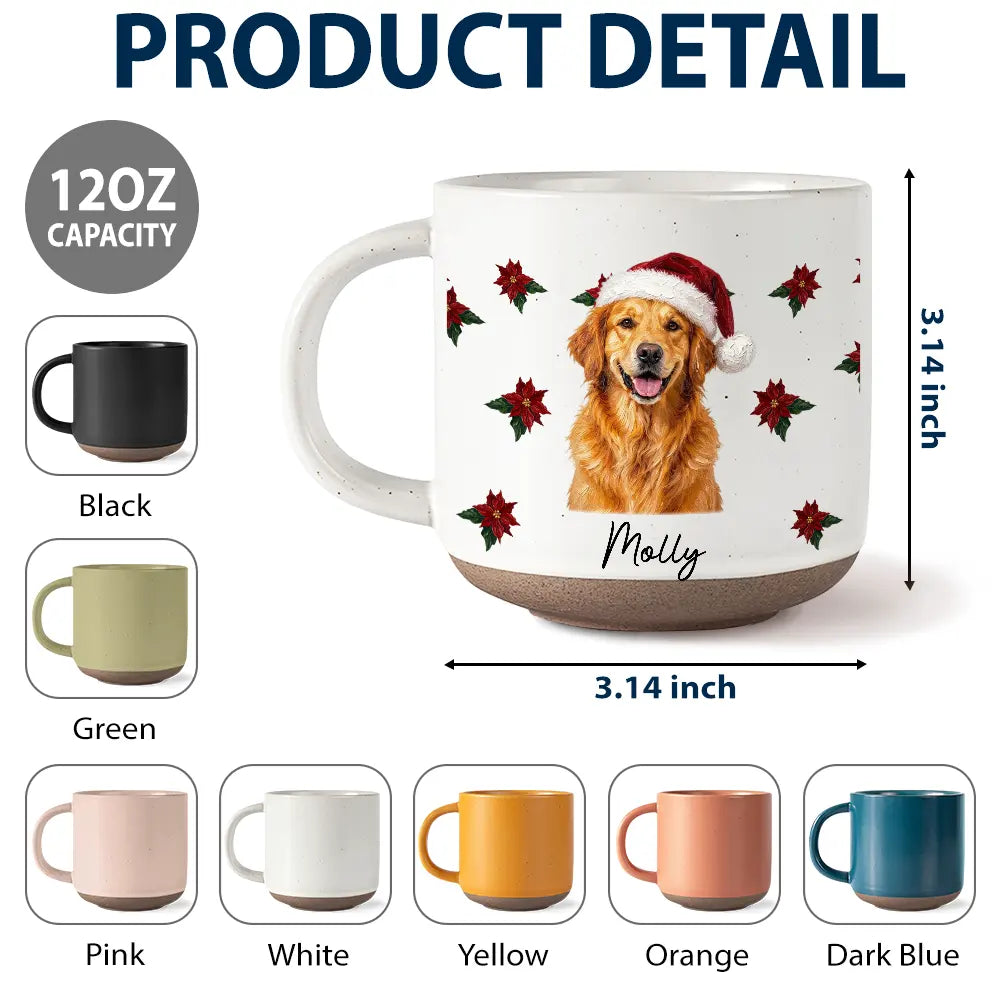 Art Design, Christmas, Custom Photo, Dog Lovers, Pet Lovers, Photo - Oil Painting, Playful - Christmas Gift For Dog Lovers - Personalized Custom Photo & Name Pet Dog Portrait With Holly Snowflake Poinsettia Pottery Mug