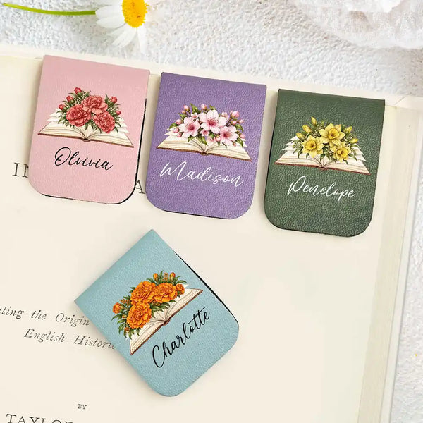 Christmas,Confident,Gift For Women,Gift For Yourself,Gifts For Her,Icon,Reading - Gifts For Book Lovers, Bookworms, Readers - Personalized Watercolor Birth Flower With Name Leather Magnetic Bookmark