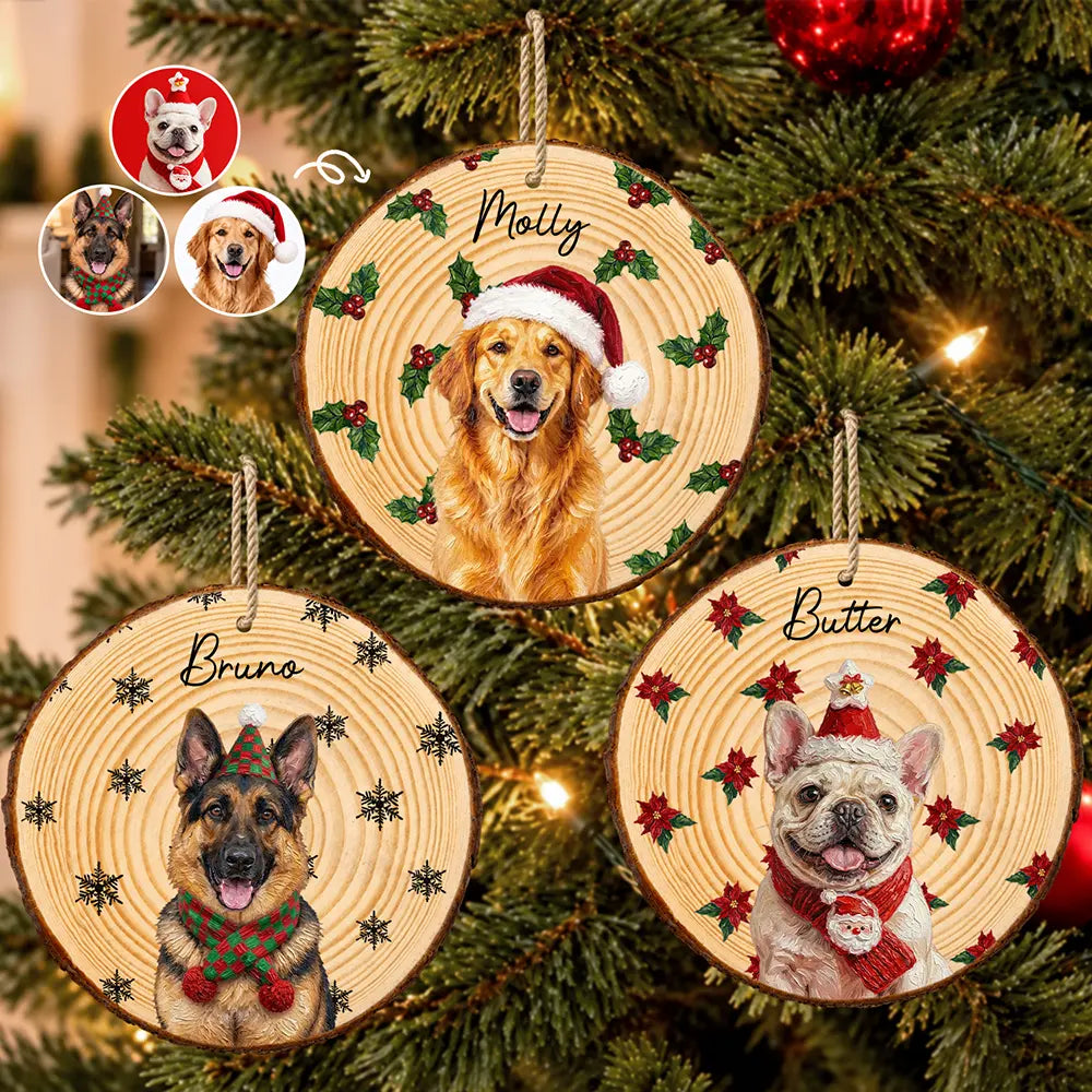 Art Design,Christmas,Custom Photo,Dog Lovers,Pet Lovers,Photo - Oil Painting,Playful - Christmas Gift For Dog Lovers - Personalized Custom Photo & Name Pet Dog Portrait With Holly Snowflake Poinsettia Wood Slice Ornament