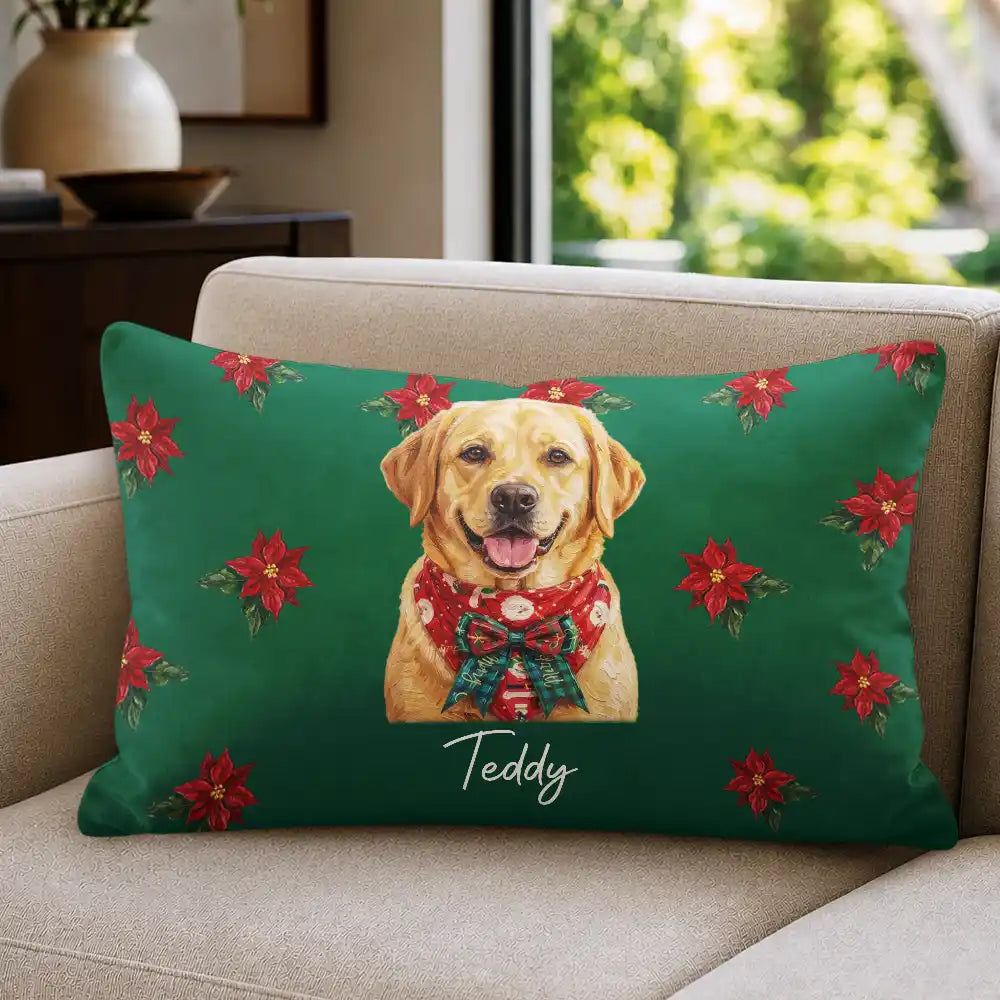 Art Design,Christmas,Custom Photo,Dog Lovers,Pet Lovers,Photo - Oil Painting,Playful - Christmas Gift For Dog Lovers - Personalized Custom Photo & Name Pet Dog Portrait With Holly Snowflake Poinsettia Pillow