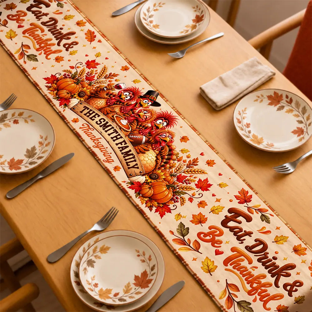 Custom Text,Family,Sentimental,Thanksgiving - Thanksgiving Gift For Family Gathering - Personalized Family Name Thankful For You Turkey Gang Table Runner
