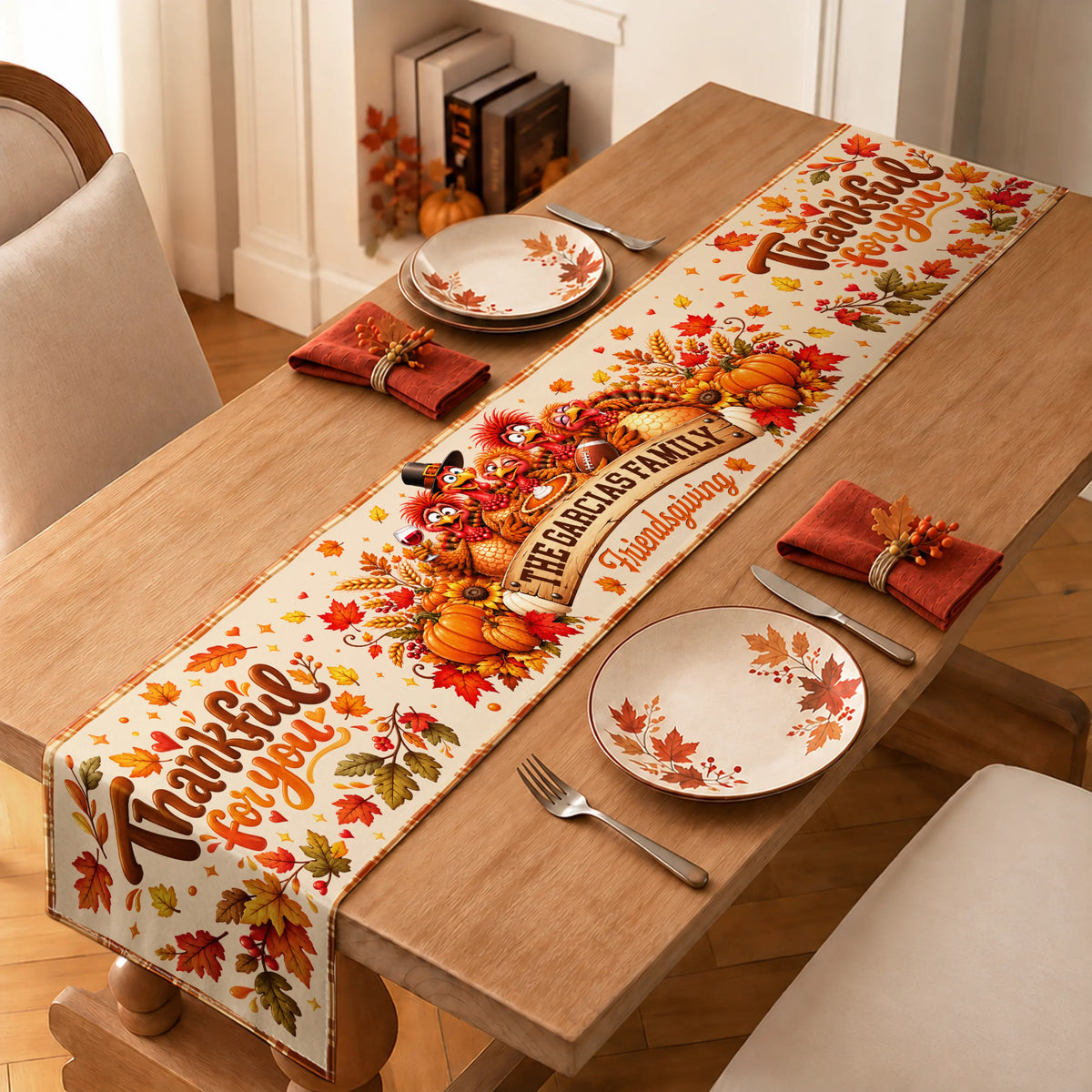 Custom Text,Family,Sentimental,Thanksgiving - Thanksgiving Gift For Family Gathering - Personalized Family Name Thankful For You Turkey Gang Table Runner
