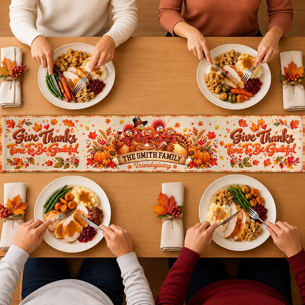 Custom Text,Family,Sentimental,Thanksgiving - Thanksgiving Gift For Family Gathering - Personalized Family Name Thankful For You Turkey Gang Table Runner