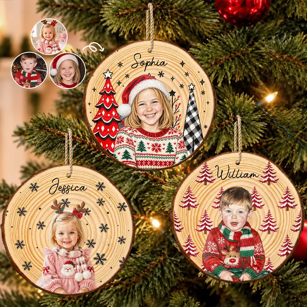 Art Design,Christmas,Custom Photo,Gift For Kids,Photo - Oil Painting,Playful- Christmas Gift For Kids Family - Personalized Custom Photo & Name Kid Portrait With Pine Tree Snowflake Wood Slice Ornament