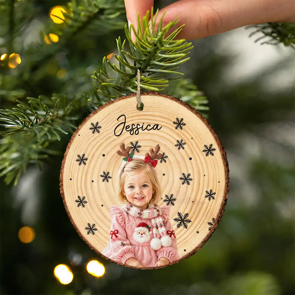 Art Design,Christmas,Custom Photo,Gift For Kids,Photo - Oil Painting,Playful- Christmas Gift For Kids Family - Personalized Custom Photo & Name Kid Portrait With Pine Tree Snowflake Wood Slice Ornament