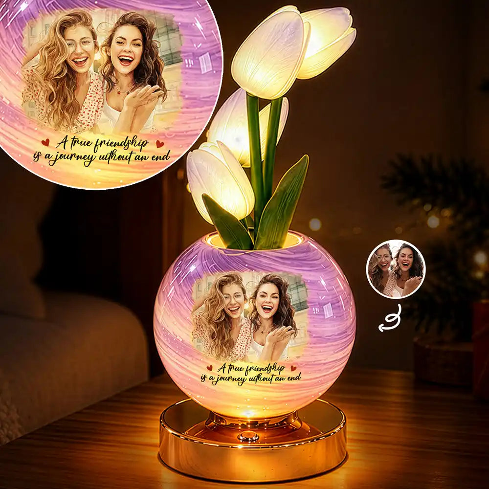 Afro Besties,Art Design,Christmas,Custom Photo,Gift For Bestie,Indoor Decor,Photo - Watercolor - With BG,Sentimental - Home Decor Christmas Gift For Best Friend, Bestie, BFF - Personalized Custom Photo Watercolor Friendship Message Tulip LED Night Light