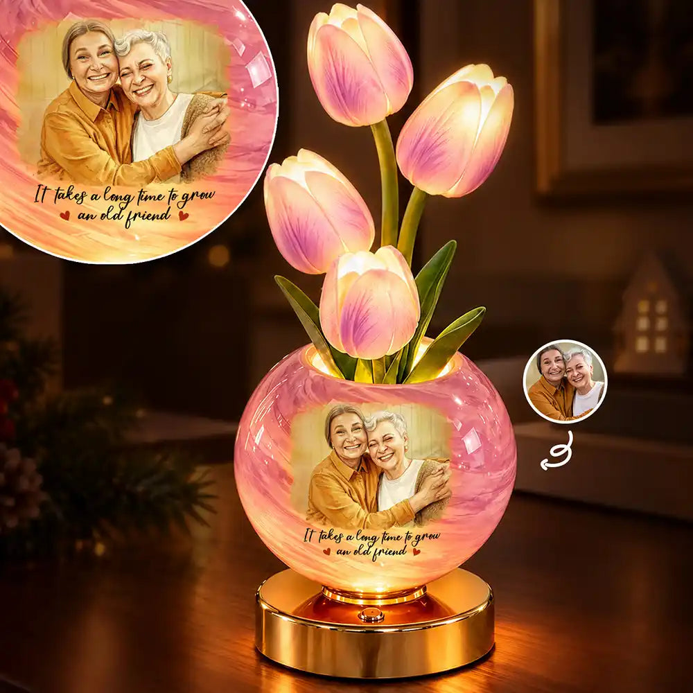 Afro Besties,Art Design,Christmas,Custom Photo,Gift For Bestie,Indoor Decor,Photo - Watercolor - With BG,Sentimental - Home Decor Christmas Gift For Best Friend, Bestie, BFF - Personalized Custom Photo Watercolor Friendship Message Tulip LED Night Light