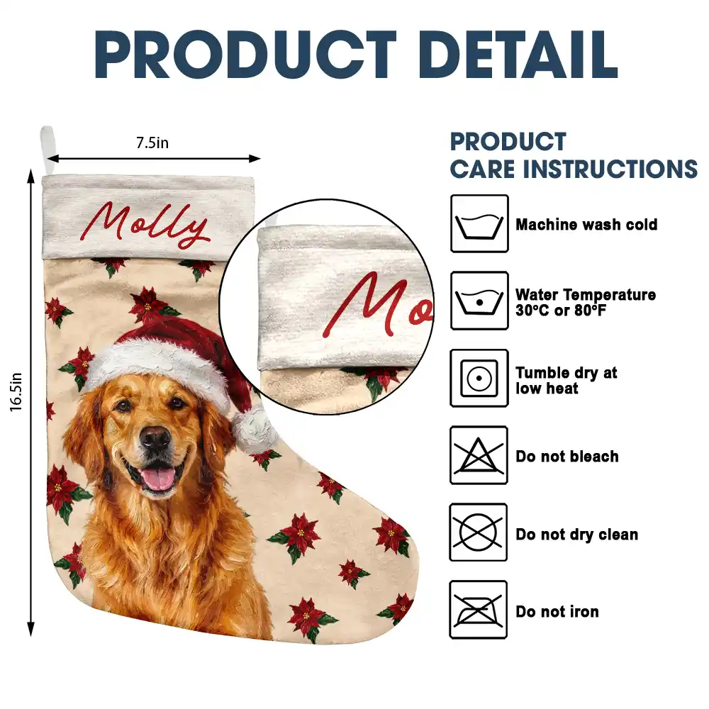 Art Design, Christmas, Custom Photo, Dog Lovers, Pet Lovers, Photo - Oil Painting, Playful - Christmas Gift For Dog Lovers - Personalized Custom Photo & Name Pet Dog Portrait With Holly Snowflake Poinsettia Christmas Stocking