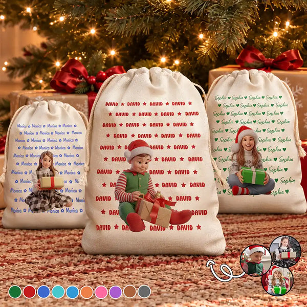 Art Design,Christmas,Custom Photo,Gift For Kids,Photo - Cartoon Portrait,Playful - Christmas Gift For Kids - Personalized Custom Photo Adorable Kid With Name Heart Star Pattern Favor Bag