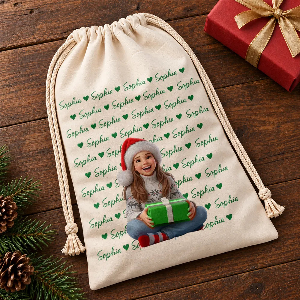 Art Design,Christmas,Custom Photo,Gift For Kids,Photo - Cartoon Portrait,Playful - Christmas Gift For Kids - Personalized Custom Photo Adorable Kid With Name Heart Star Pattern Favor Bag