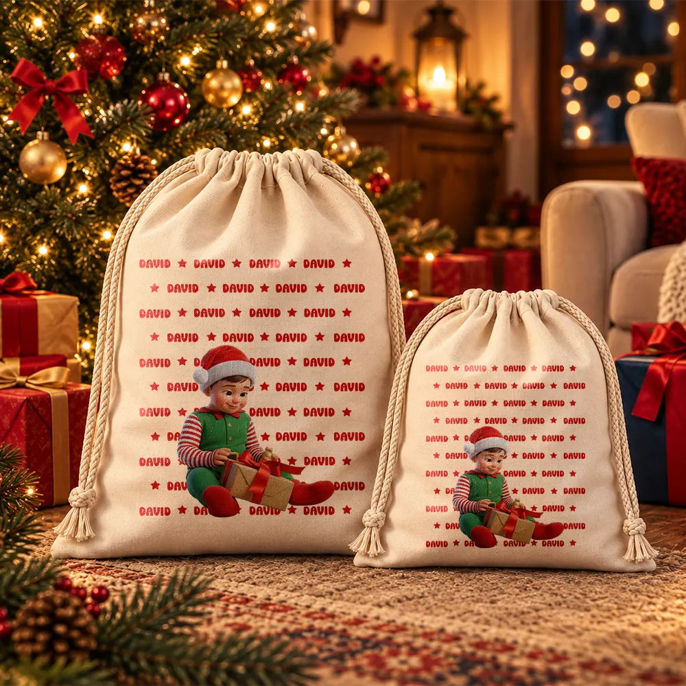 Art Design,Christmas,Custom Photo,Gift For Kids,Photo - Cartoon Portrait,Playful - Christmas Gift For Kids - Personalized Custom Photo Adorable Kid With Name Heart Star Pattern Favor Bag