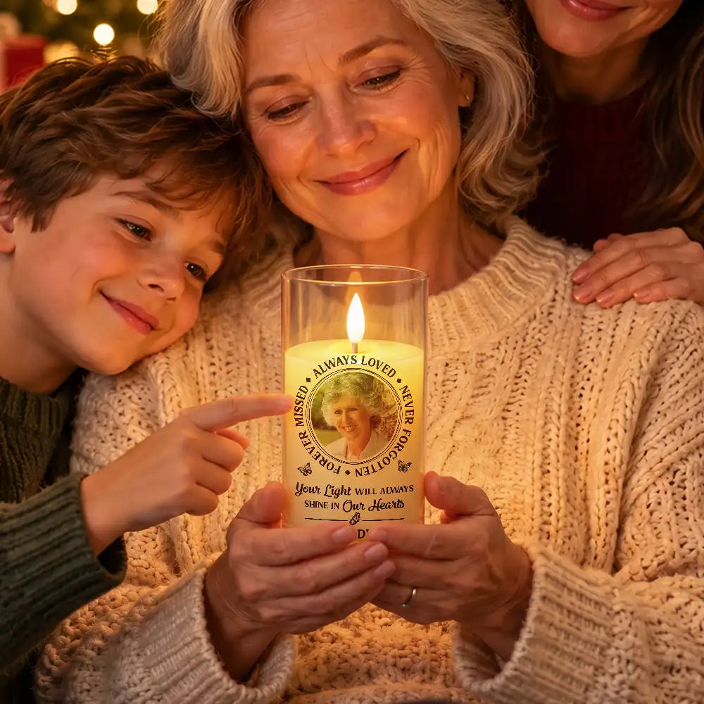 Christmas,Custom Photo,Family,Memorial,Memorial Loved One,Sympathetic,Upload Full Photo - Memorial Sympathy Gift For Loss Of Parent - Personalized Custom Photo Always Loved Never Forgotten LED Candle