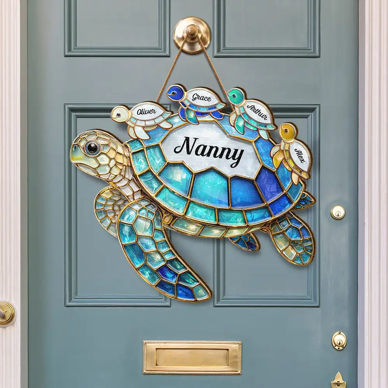 Gift For Grandma,Grandma - Grandkids,Gift For Mother,Beach,Happy - Turtle Stained Glass Mum Nanny - Personalised Custom Shaped Wood Sign