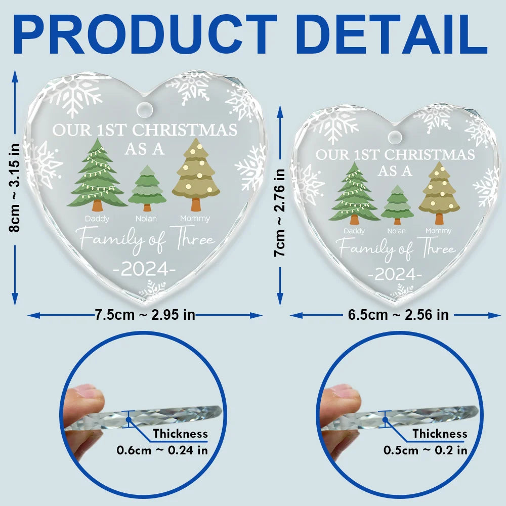 Family  - First Christmas As A Family Of Three - Personalized Heart Shaped Glass Ornament