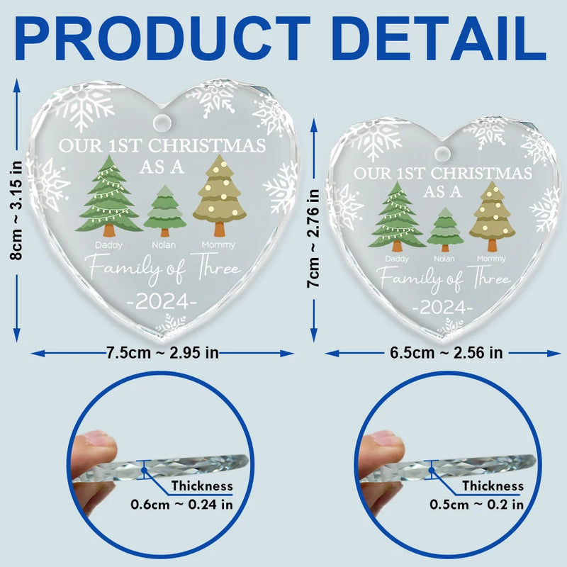 Family  - First Christmas As A Family Of Three - Personalized Heart Shaped Glass Ornament