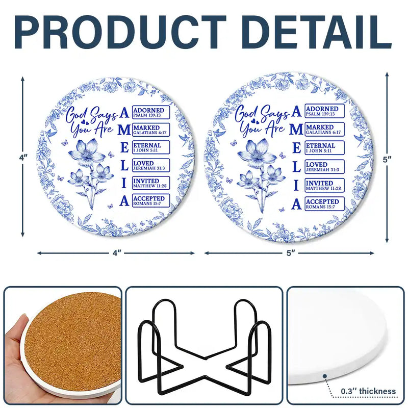 Gift For Women, Gift For Yourself, Gift For Daughter, Gift For Bestie, Happy - God Says I Am Toile De Jouy Flower - Personalized Ceramic Coaster