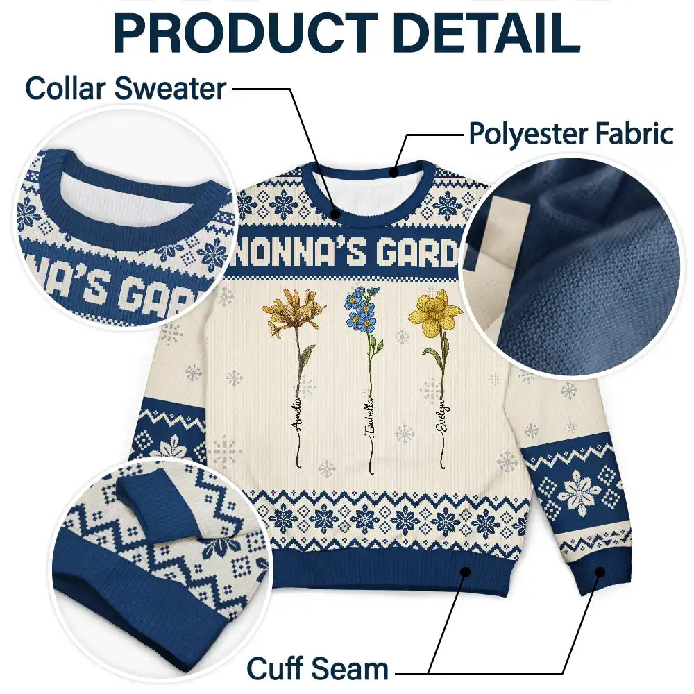 Gift For Grandma,Gift For Aunt,Gift For Mother,Happy,Gift For Wife,Gift For Yourself,Gift For Women - Knitted Effect Birth Flower Grandma's Garden - Personalized Unisex Ugly Sweater