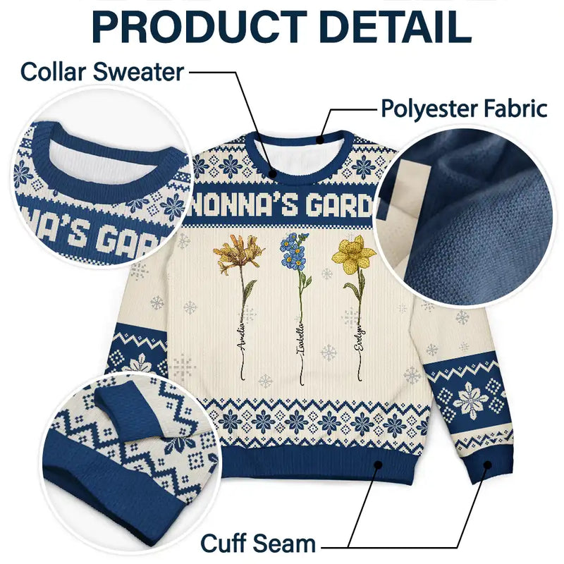 Gift For Grandma,Gift For Aunt,Gift For Mother,Happy,Gift For Wife,Gift For Yourself,Gift For Women - Knitted Effect Birth Flower Grandma's Garden - Personalized Unisex Ugly Sweater