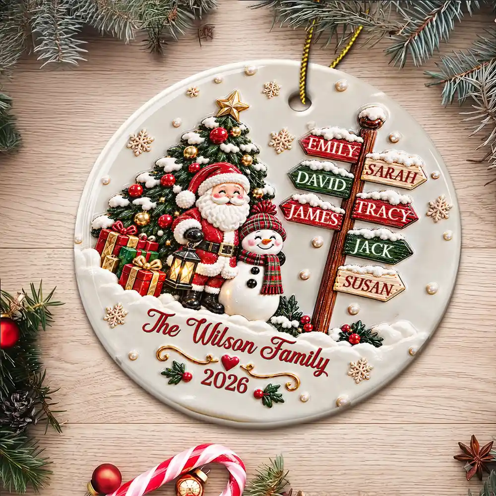 Christmas,Family,Happy,Icon - Christmas Gift For Family - Personalized Family Name Santa And Snowman 3D Embossed Circle Ceramic Ornament