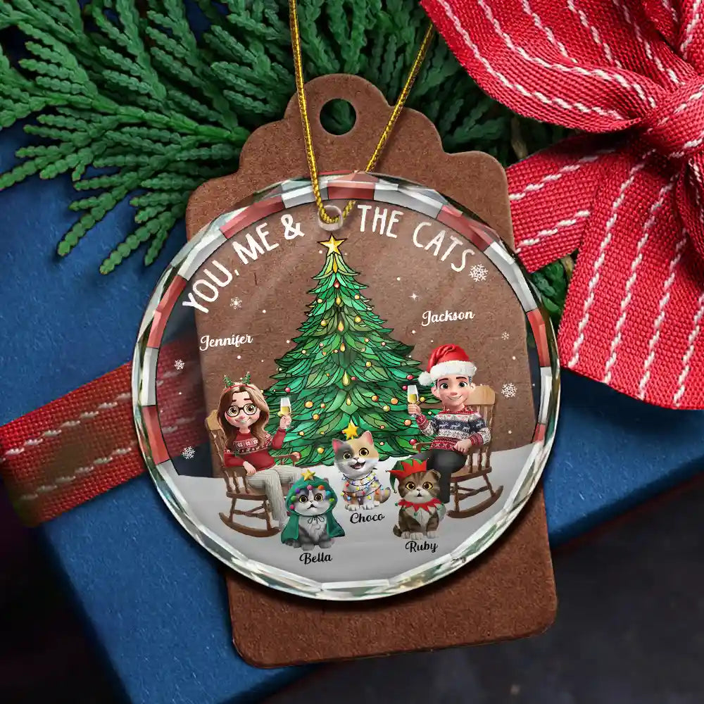 Gift For Couples,Gift For Husband,Gift For Wife,Gift For Boyfriend,Gift For Girlfriend,Cat Lovers,Cat Couple,Pet Lovers,Pet Couple,Love,Christmas - Christmas Tree You Me And The Cat - Personalized Circle Glass Ornament