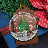 Gift For Couples,Gift For Husband,Gift For Wife,Gift For Boyfriend,Gift For Girlfriend,Cat Lovers,Cat Couple,Pet Lovers,Pet Couple,Love,Christmas - Christmas Tree You Me And The Cat - Personalized Circle Glass Ornament