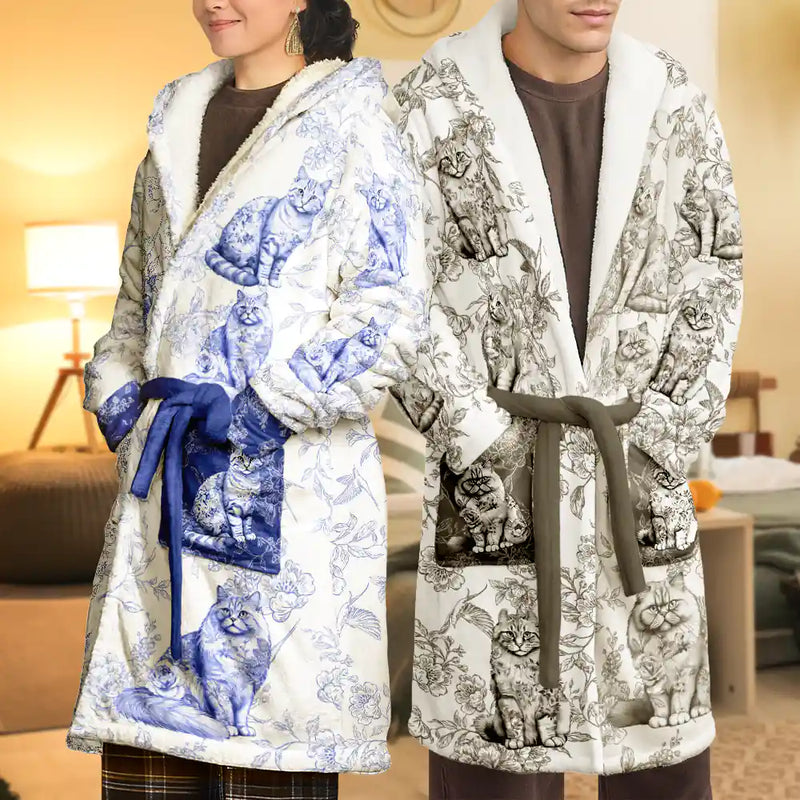 Cat Mom,Cat Lovers,Happy - Cat Mom Toile De Jouy Cats - Personalized Hooded Robe
