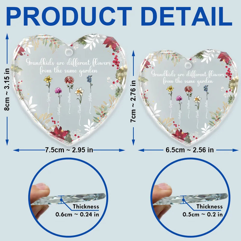 Gift For Sisters,Grandma - Grandkids,Gift For Grandma,Family,Christmas - Family Are Different Flowers From The Same Garden - Personalized Heart Shaped Glass Ornament