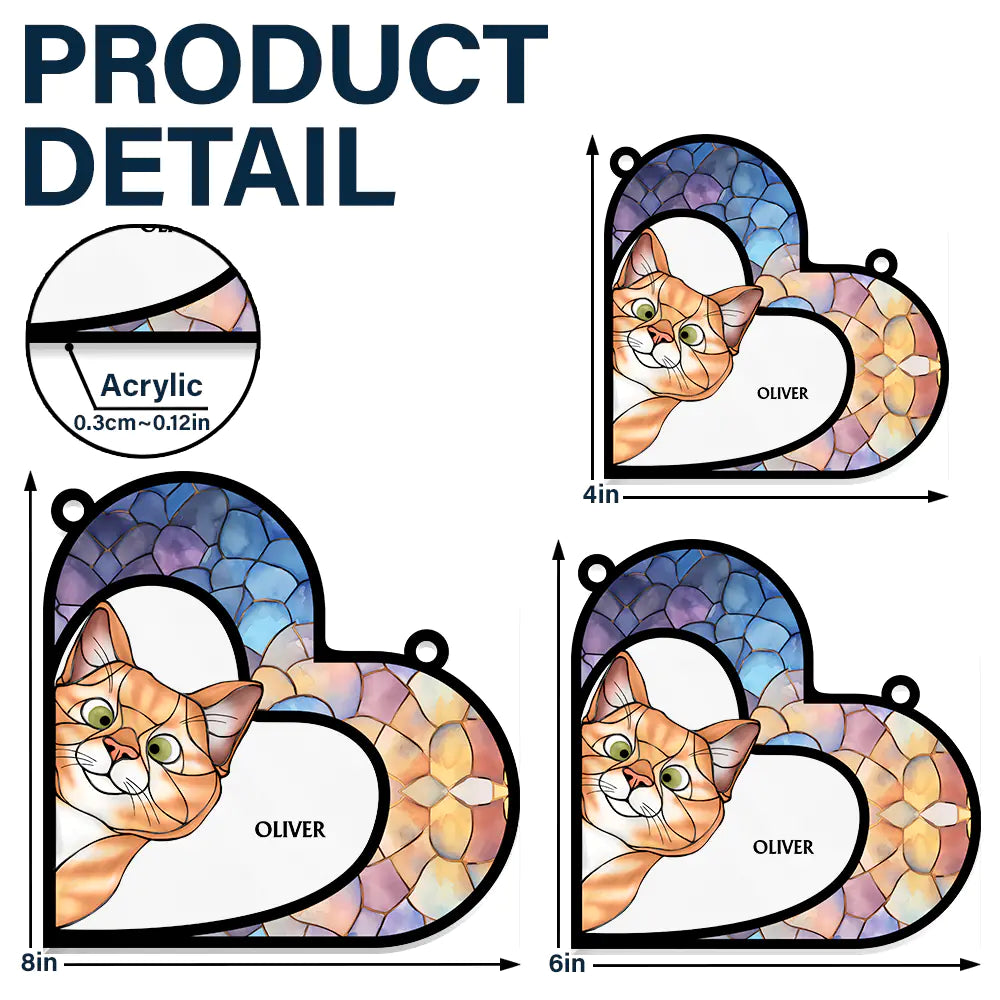 Cat Lovers,Cat Mom,Happy - Funny Cat Heart Shape Stained Glass Effect - Personalized Window Hanging Suncatcher Ornament