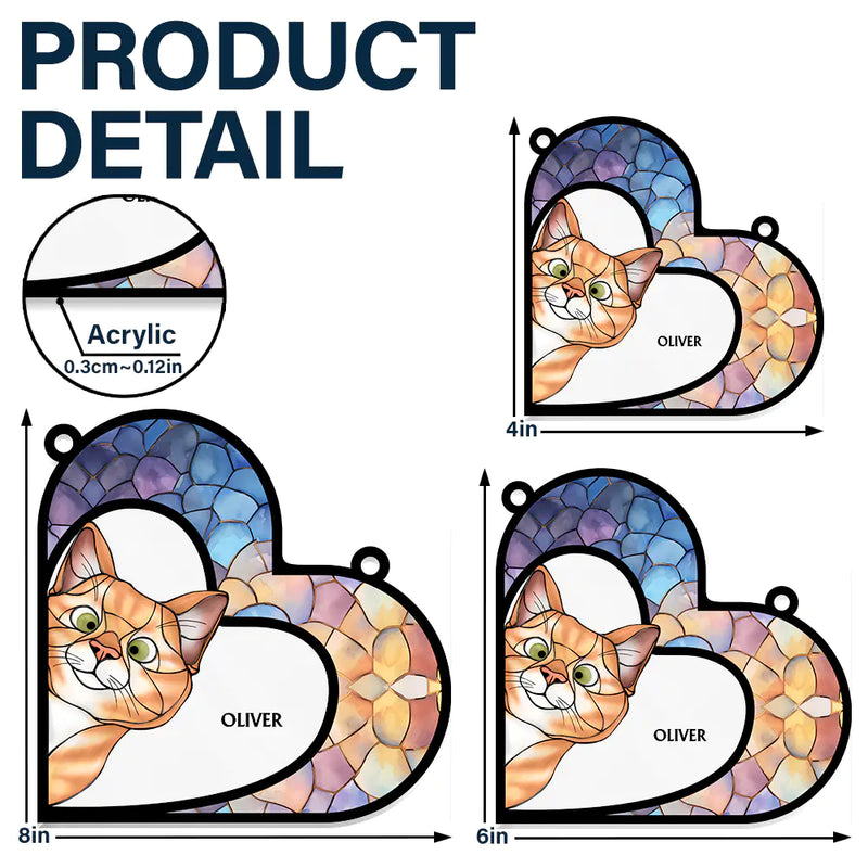 Cat Lovers,Cat Mom,Happy - Funny Cat Heart Shape Stained Glass Effect - Personalized Window Hanging Suncatcher Ornament