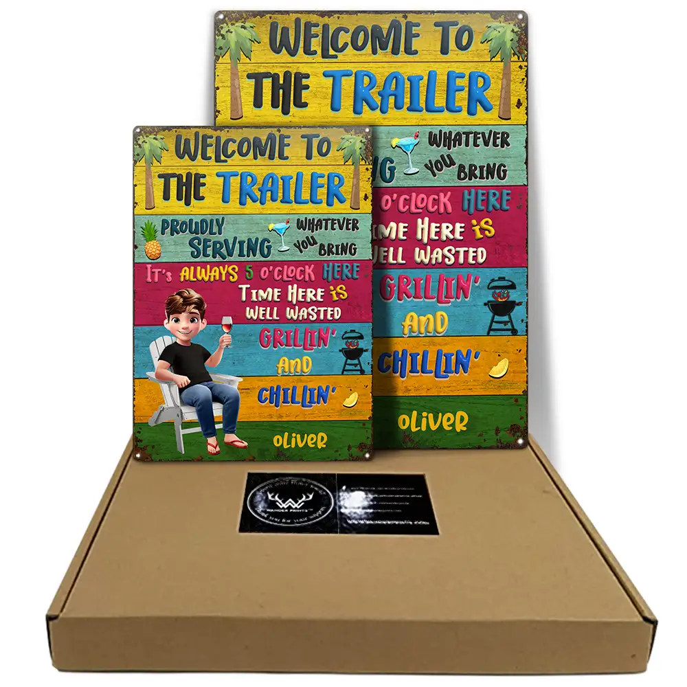 Happy,Gift For Couples,Couple's Hobby,Patio,Grilling - Patio Welcome Grilling Proudly Serving Whatever You Bring Cartoon Couple - Personalized Classic Metal Signs
