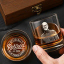 Gift For Father,Custom Photo,Art Design,Retirement,Humorous,Photo - Pencil Sketch - Dark BG - Custom Photo White Pencil Sketch Art Officially Retired Not My Problem Anymore - Personalized Whiskey Glass
