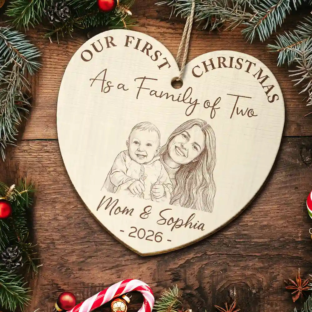 Parents,New Baby,Art Design,Christmas,Photo - Pencil Sketch - Remove BG,Happy - Custom Photo Pencil Sketch First Christmas As A Family Of Four - Personalized Custom Shaped Wooden Ornament
