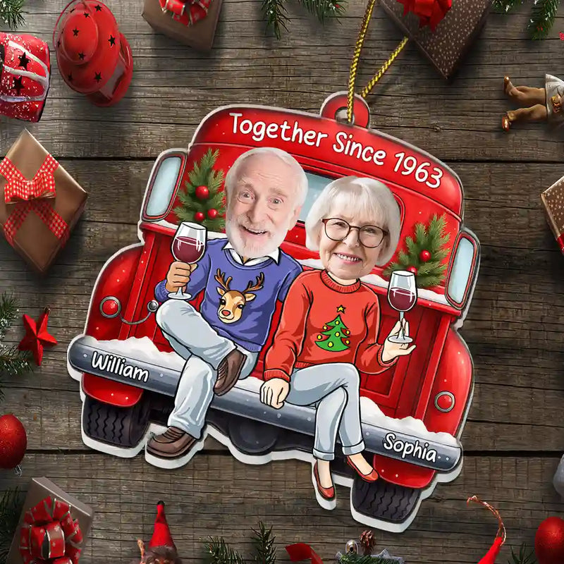 Gift For Couples,Old Couples,Funny,Christmas,Gift For Husband,Gift For Wife - Custom Photo Together Since Funny Couple Red Truck - Personalized Custom Shaped Acrylic Ornament