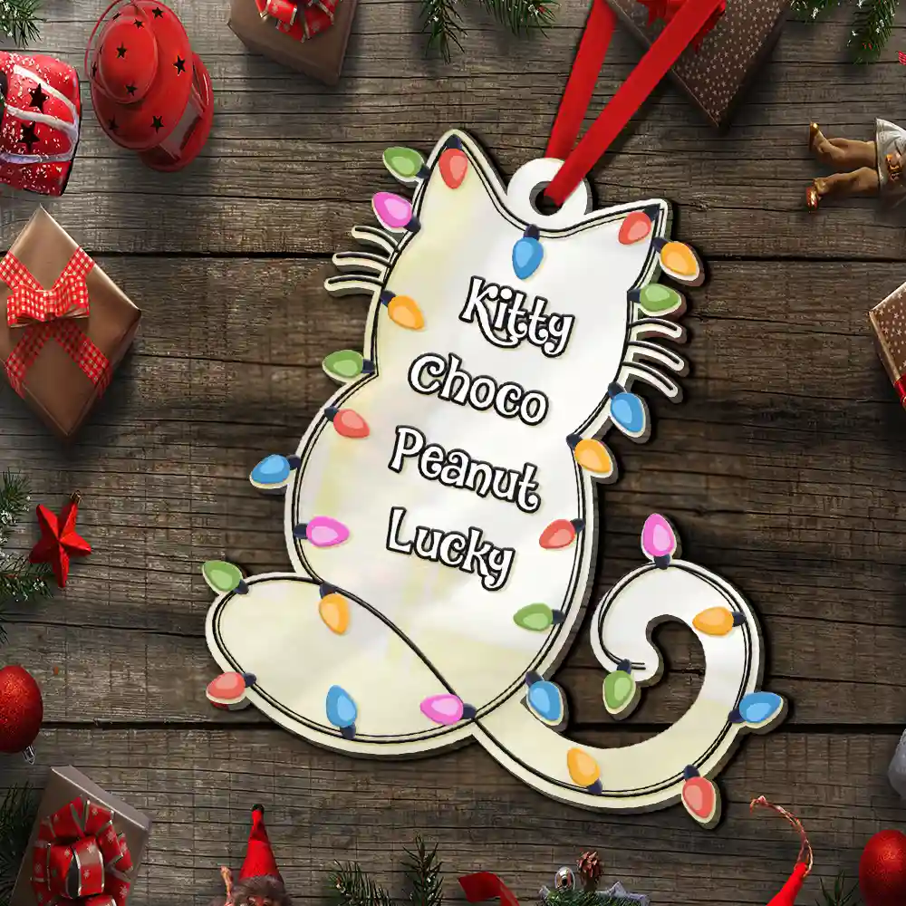 Cat Lovers, Cat Mom, Cat Dad, Happy, Christmas - Cat Shape Christmas Light Custom Name - Personalized Custom Shaped Mirror Ornament